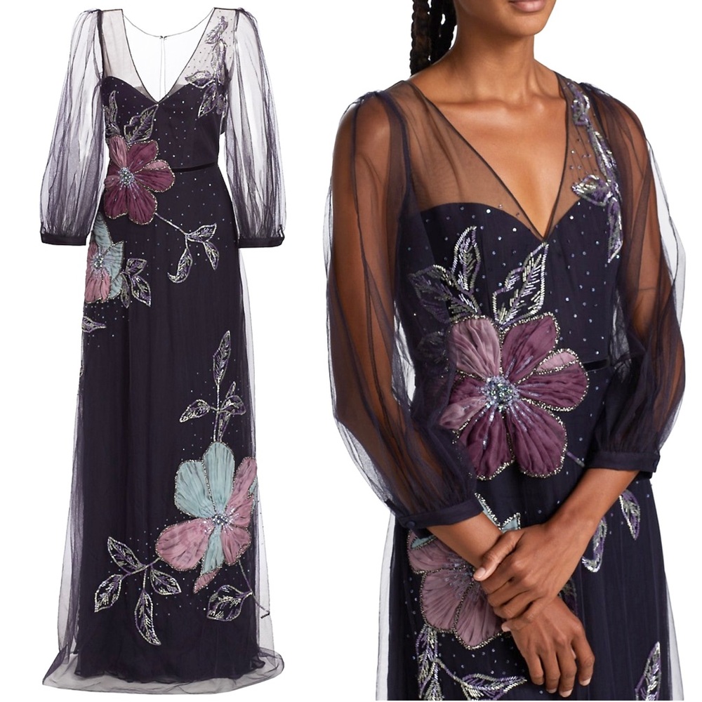 Marchesa Notte Beaded Floral Tulle Gown